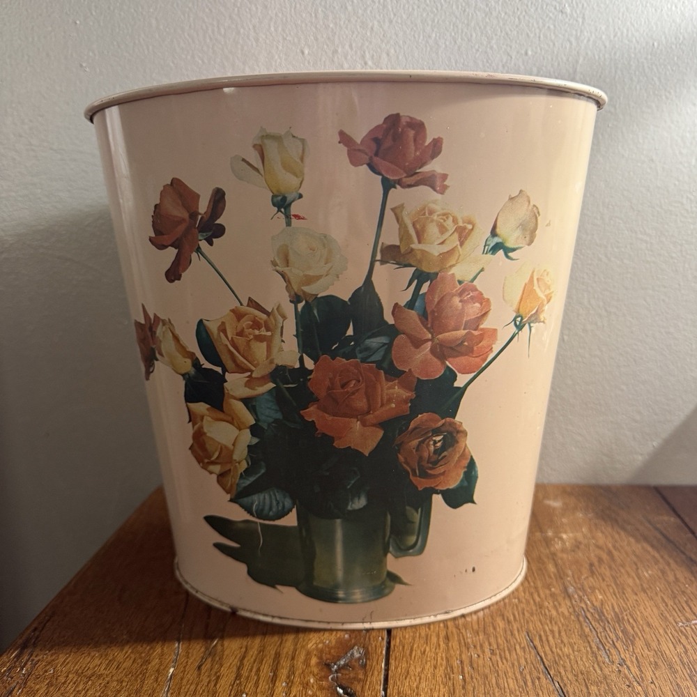 Vintage Pale Pink Floral Metal Wastebasket Trash Can Shabby Cottage Chic
